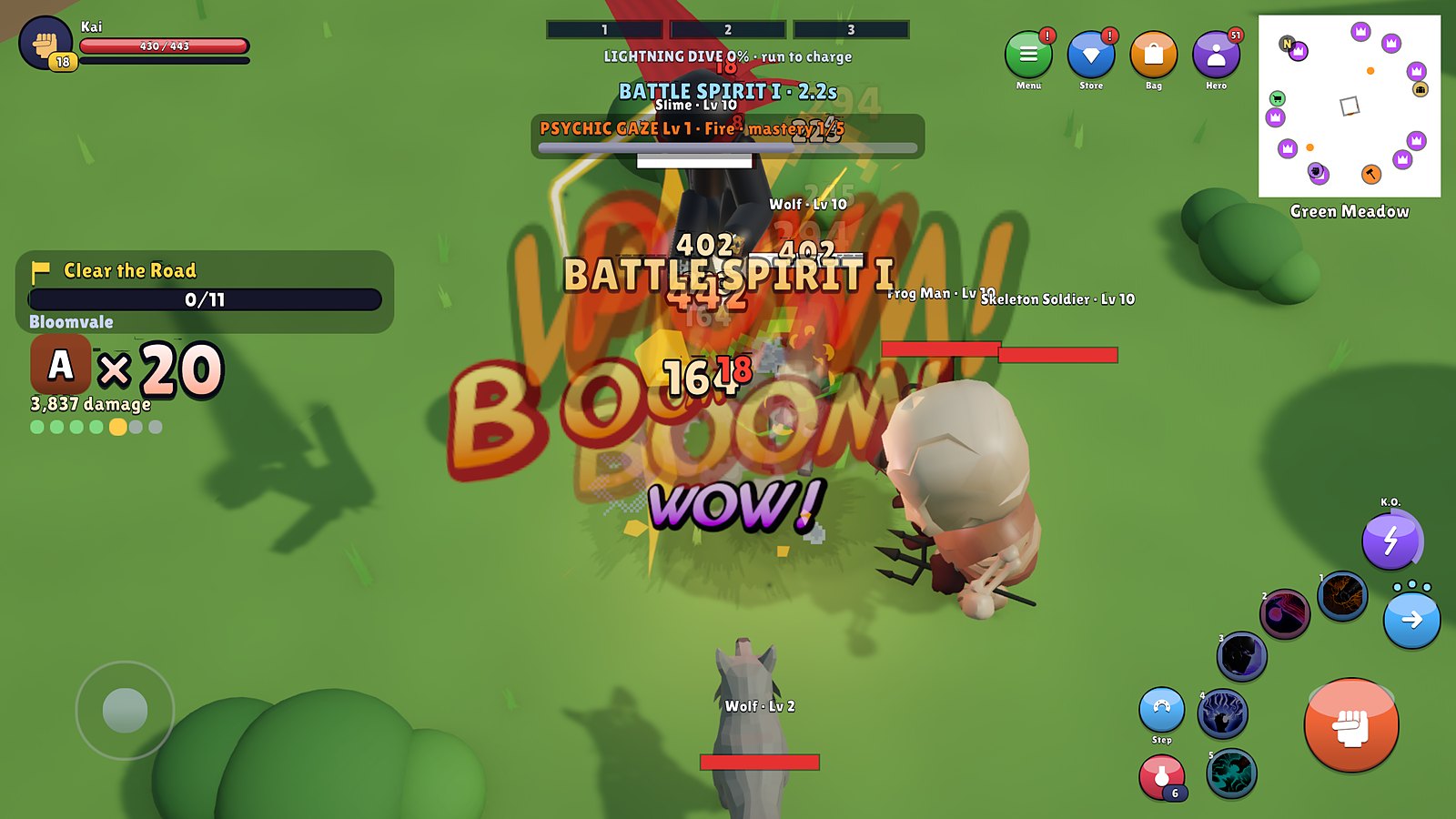 Gameplay: the stickman hero lands a 20-hit combo on a group of monsters