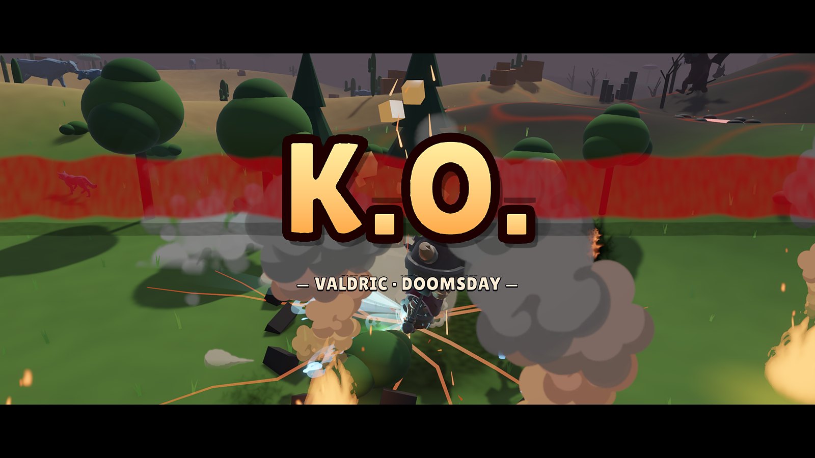 Cinematic K.O.: the hero knocks out the boss Valdric
