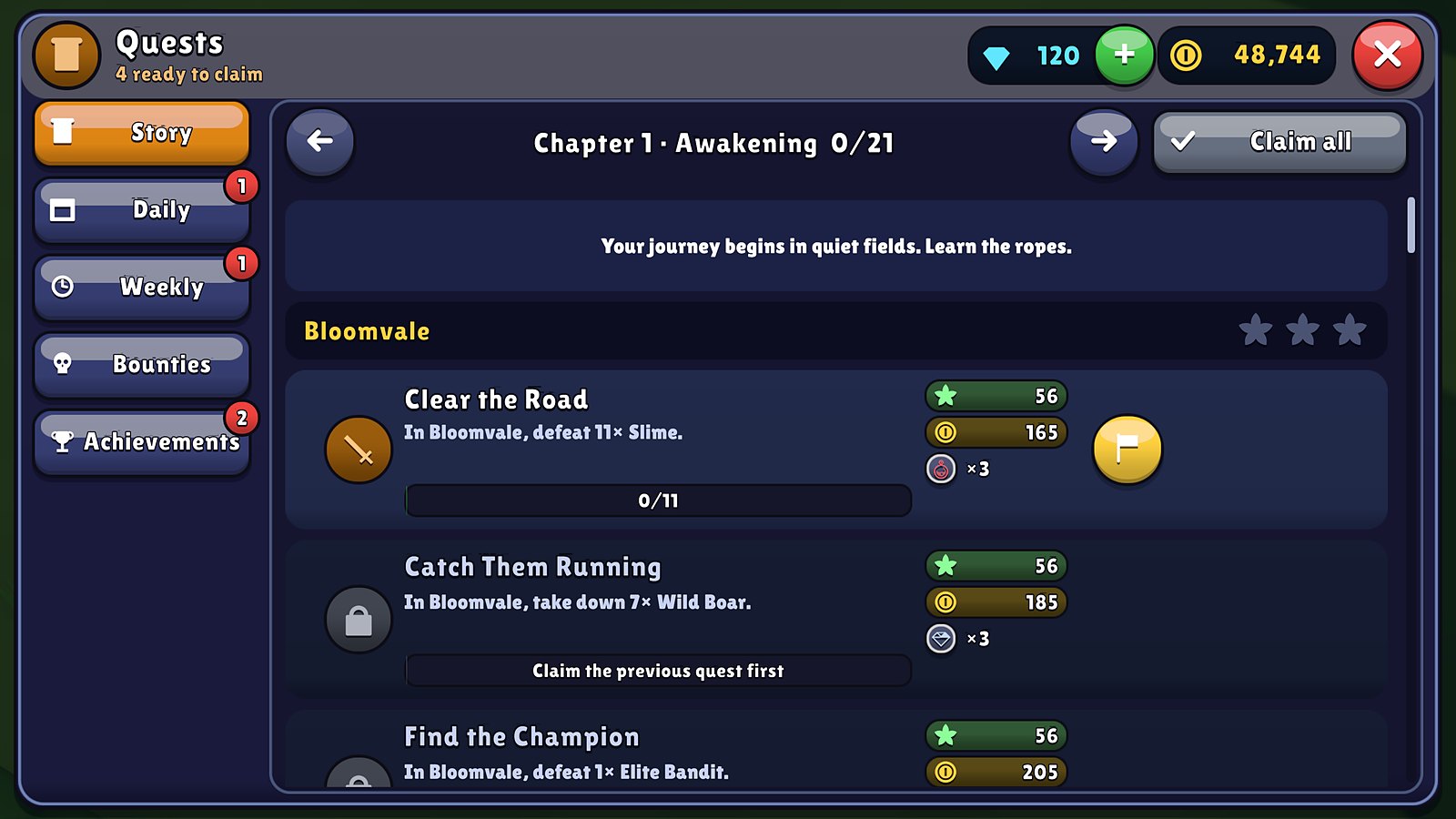 The quest list: chapter one story quests with stars and rewards