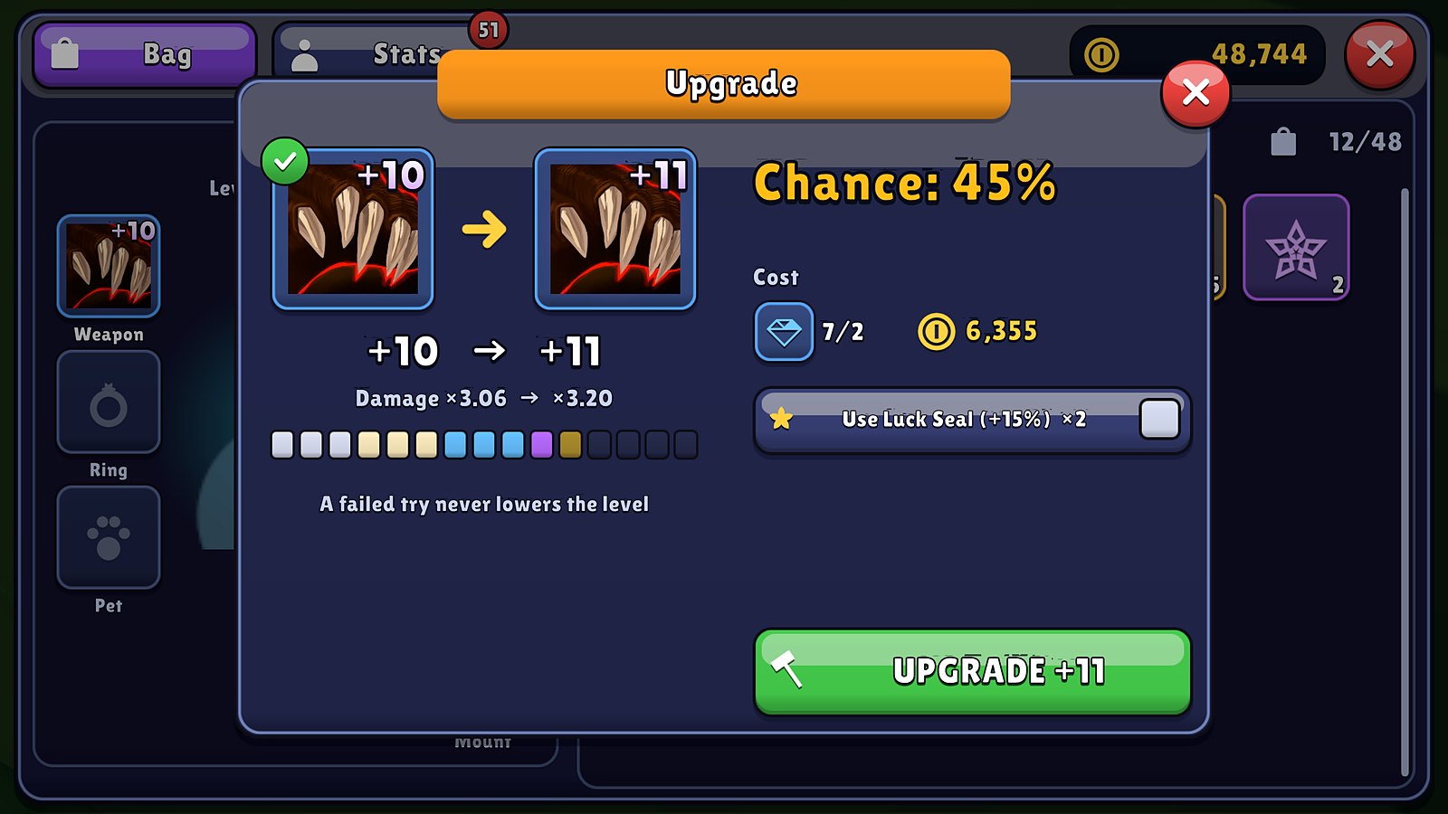 The forge: upgrading a +10 weapon with a 45% success chance