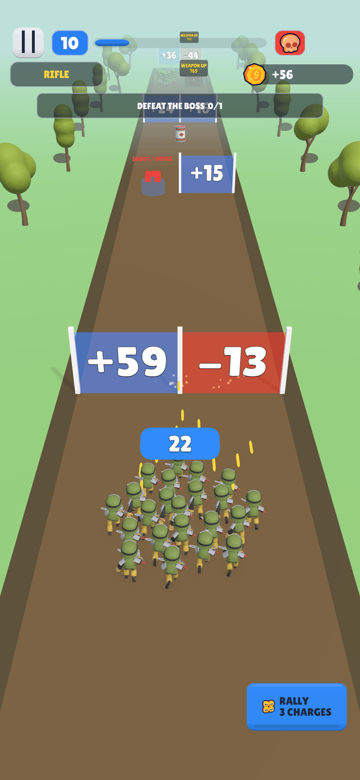 Gameplay: the squad runs down the road toward a pair of gates