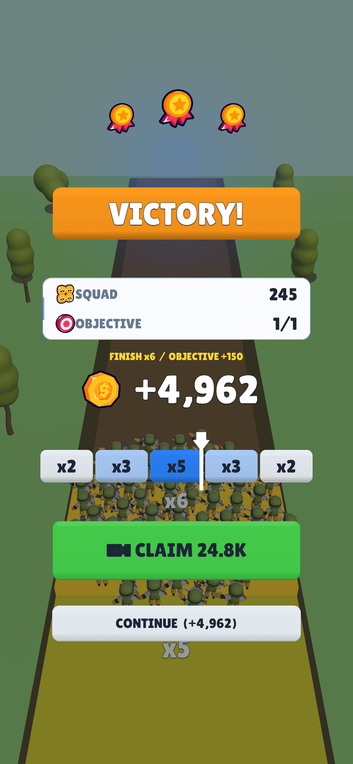 Victory screen: medals, coin reward and the bonus multiplier bar