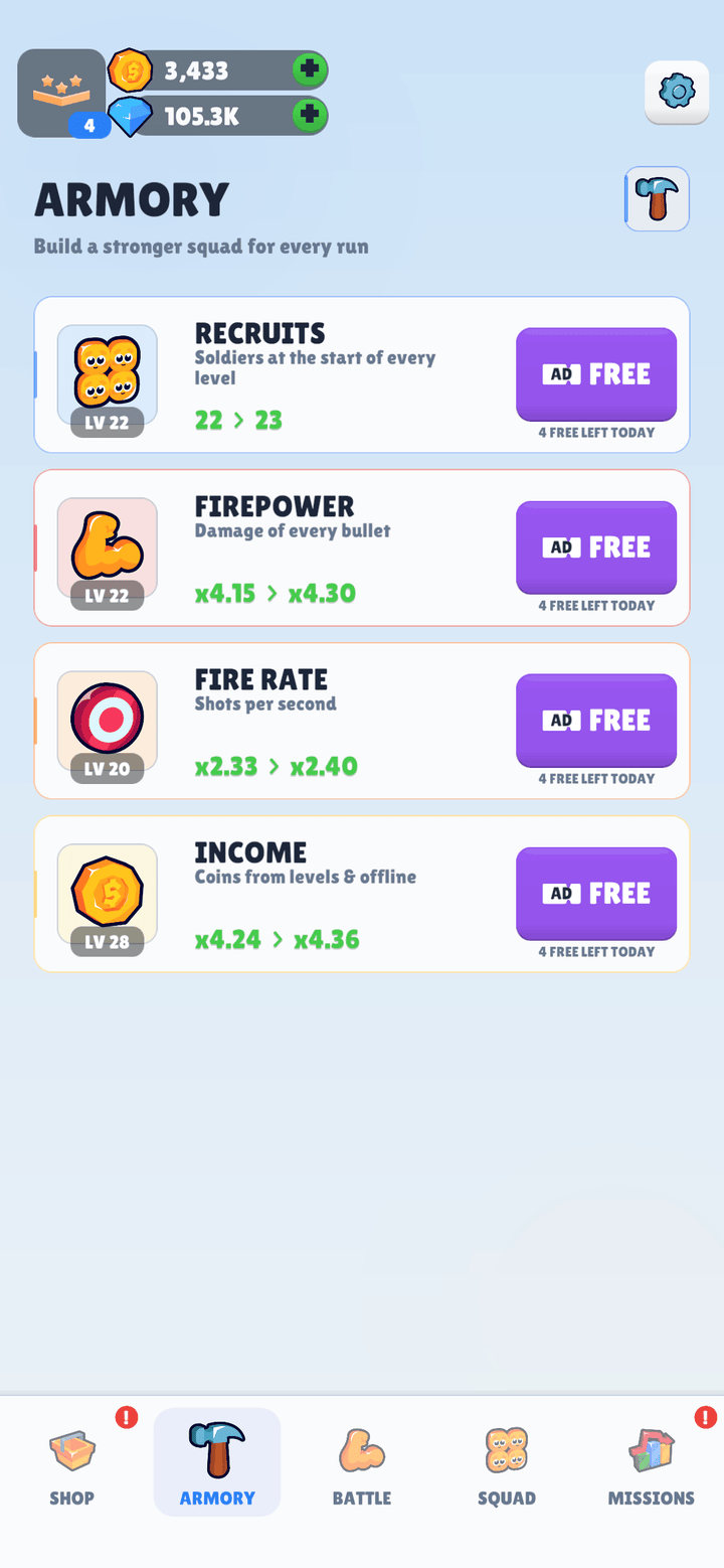 Menu: upgrading the armory and outpost between runs